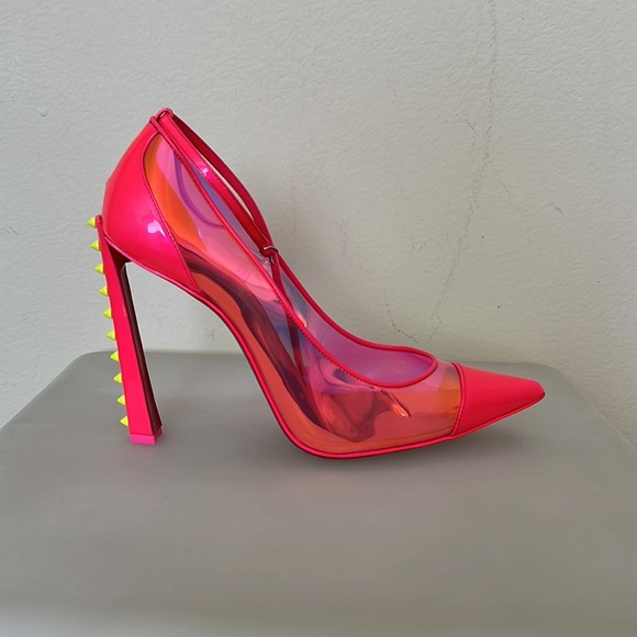 Christian Louboutin hot pink iridescent pump with neon yellow studs. - Picture 3 of 13